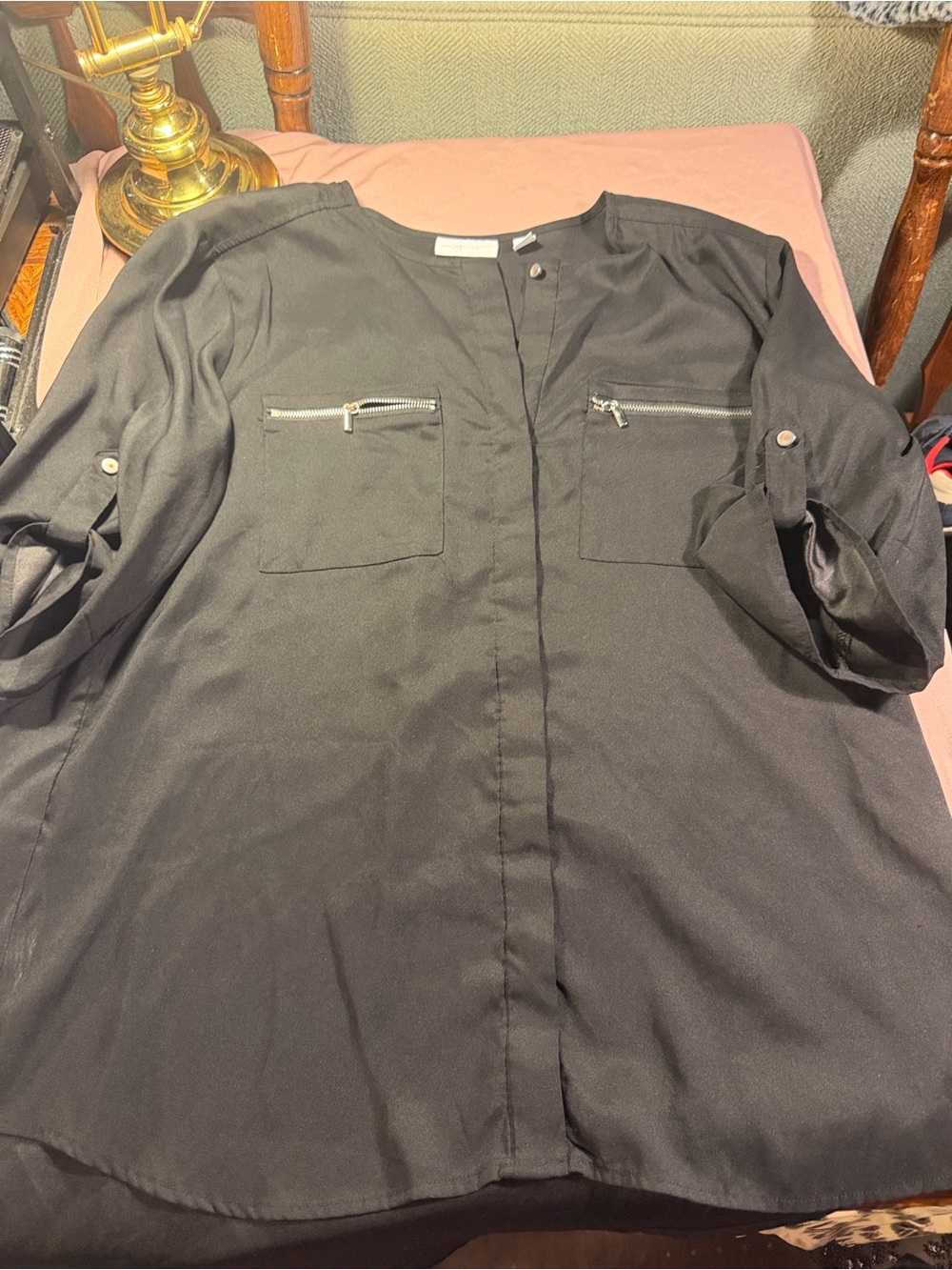 New York & Company Black Button-Front Blouse with Zip Pockets